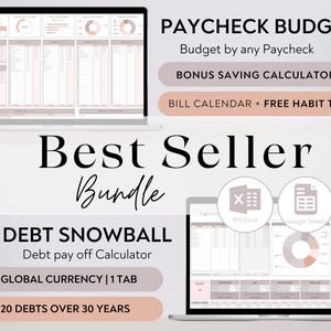 BUNDLE Paycheck Budget and Debt Snowball Excel & Google Sheets | Budget Spreadsheet Bill Tracker Personal Finance Sheet Debt Pay off Planner