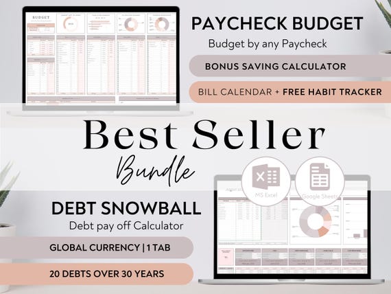 BUNDLE Paycheck Budget and Debt Snowball Excel & Google Sheets | Budget Spreadsheet Bill Tracker Personal Finance Sheet Debt Pay off Planner