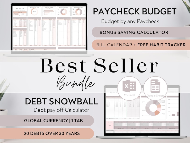 Paycheck Budget for Excel and Google Sheets Budget By Paycheck Spreadsheet Bill Tracker Monthly Bi-weekly Weekly Budget Planner Template, budget template for excel google sheets, start on any month, debt snowball planner, debt pay off calculator