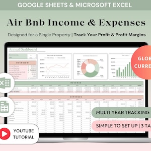 Airbnb Income & Expenses Tracker Spreadsheet Excel Vacation Rental Property Bookkeeping Google Sheets Air BNB Host Profit and Loss Template