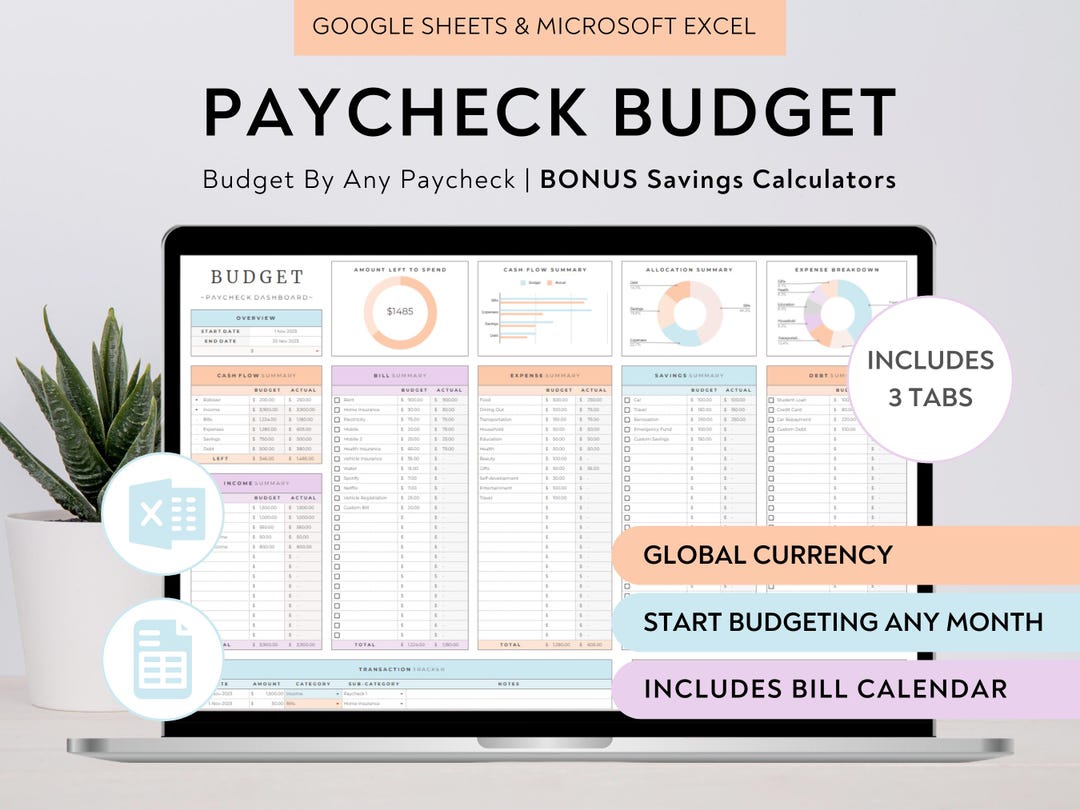Excel Paycheck Budget Spreadsheet Google Sheets Bi-monthly Weekly ...