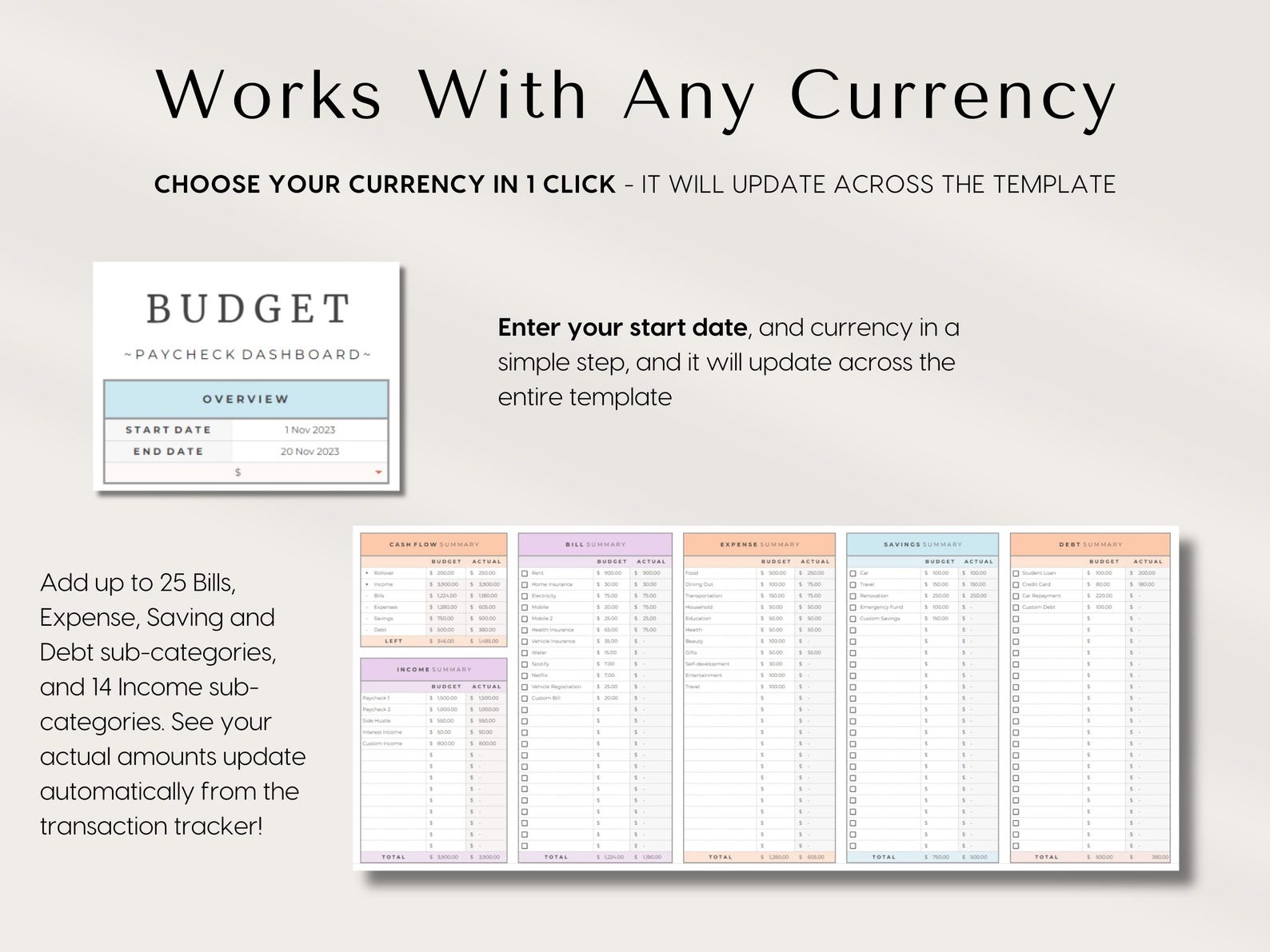 Excel Paycheck Budget Spreadsheet Google Sheets Bi-monthly Weekly ...