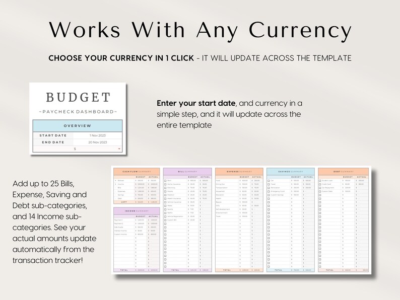 Excel Paycheck Budget Spreadsheet Google Sheets Bi-monthly Weekly ...