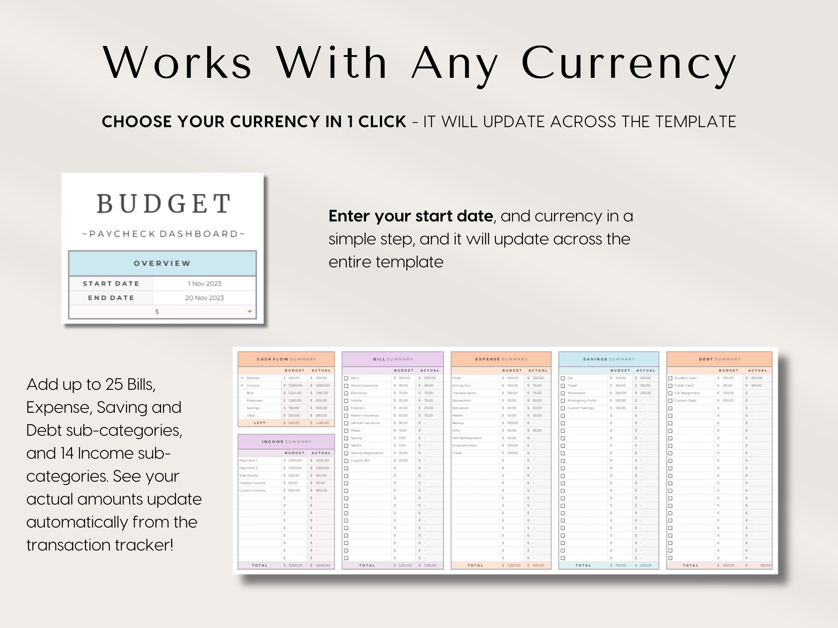 Excel Paycheck Budget Spreadsheet Google Sheets Bi-monthly Weekly ...