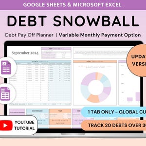 May include: A digital debt snowball planner for Google Sheets and Microsoft Excel displayed on a laptop screen. The interface features a debt overview table, a colorful donut chart, and text labels including Debt Snowball, Updated Version, and Youtube Tutorial.