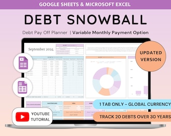 Könnte beinhalten: Ein digitaler Schuldenabbau-Planer für Google Sheets und Microsoft Excel auf einem Laptop-Bildschirm. Die Benutzeroberfläche zeigt eine Übersichtstabelle für Schulden, ein farbiges Ringdiagramm sowie Textbeschriftungen wie Debt Snowball und Youtube Tutorial.