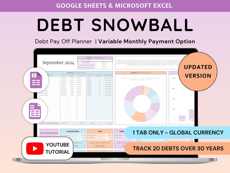 May include: A digital debt snowball planner for Google Sheets and Microsoft Excel displayed on a laptop screen. The interface features a debt overview table, a colorful donut chart, and text labels including Debt Snowball, Updated Version, and Youtube Tutorial.