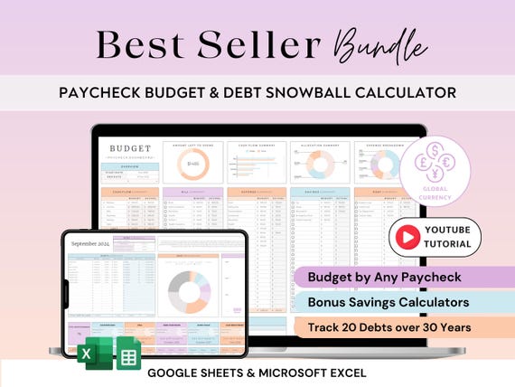 BUNDLE Paycheck Budget Debt Snowball Excel Digital Budget Spreadsheet Google Sheets Personal Finance Planner Debt Payoff Loan Tracker