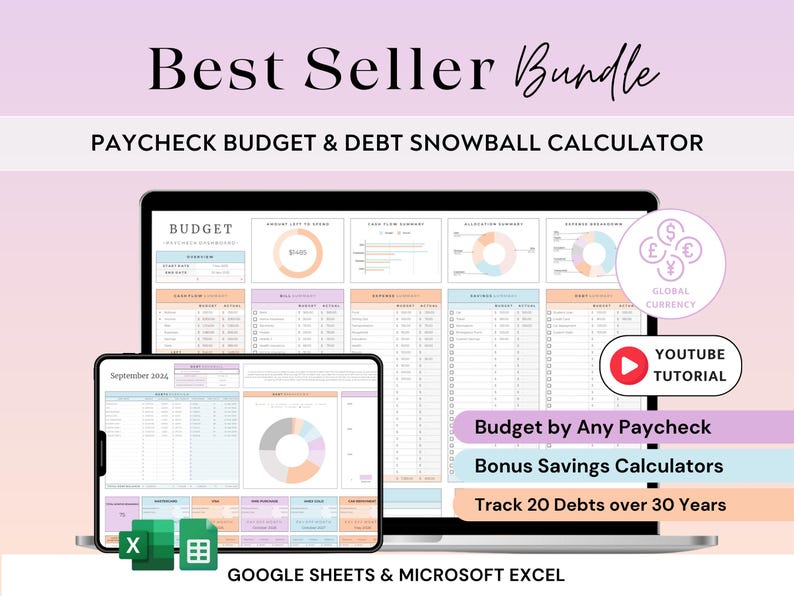 Paycheck Budget for Excel and Google Sheets Budget By Paycheck Spreadsheet Bill Tracker Monthly Bi-weekly Weekly Budget Planner Template, budget template for excel google sheets, start on any month, debt snowball planner, debt pay off calculator
