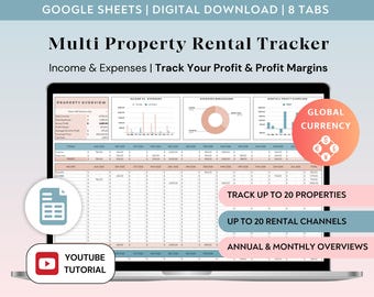 May include: A laptop screen displays a spreadsheet titled "Multi Property Rental Tracker." The digital download includes 8 tabs for tracking income, expenses, profit, and profit margins. Features include tracking up to 20 properties, rental channels, and annual and monthly overviews.