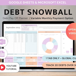 Hoja de cálculo de bola de nieve de deudas de Excel Planificador de pago de deudas Calculadora de bola de nieve de deudas Hojas de cálculo de Google Pago de hipoteca Seguimiento de pagos de préstamos de tarjetas de crédito