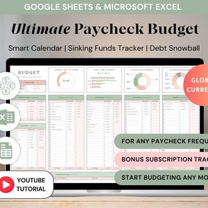 Könnte beinhalten: Ein Laptop-Bildschirm mit einer Finanzbudgetvorlage. Der Text "Ultimate Paycheck Budget" steht oben, mit Funktionen wie einem intelligenten Kalender und Schulden-Tracking. Symbole und farbige Etiketten heben wichtige Funktionen hervor.