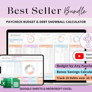 May include: A digital budget and debt snowball calculator bundle displayed on a laptop and tablet screen. The interface features charts, tables, and text including Best Seller Bundle, Paycheck Budget, Global Currency, YouTube Tutorial, and Google Sheets & Microsoft Excel.