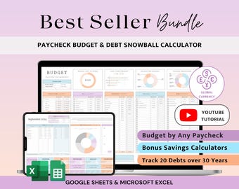 May include: A digital budget and debt snowball calculator bundle displayed on a laptop and tablet screen. The interface features charts, tables, and text including Best Seller Bundle, Paycheck Budget, Global Currency, YouTube Tutorial, and Google Sheets & Microsoft Excel.