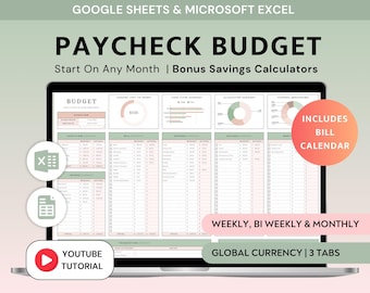 Paycheck Budget Planner Excel Budget By Paycheck Spreadsheet Google Sheets Digital Budget Tracker Monthly Bi-Weekly Weekly Finance Template