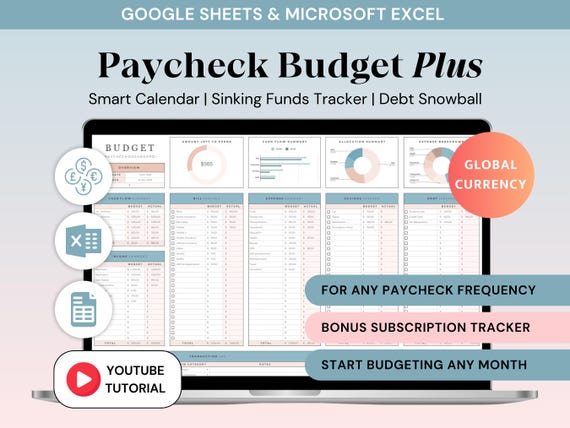 Ultimate Paycheck Budget Spreadsheet Excel Budget Planner Google Sheets Savings Tracker Debt Snowball Biweekly Weekly Monthly Digital Budget