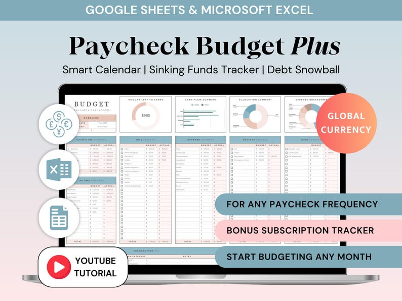 Ultimate Paycheck Budget Spreadsheet for Microsoft Excel and google sheets Bill Calendar with Savings Tracker and Debt snowball pay off calculator, Bi-weekly Weekly Monthly Budget Planner template, easy to use, budget by paycheck