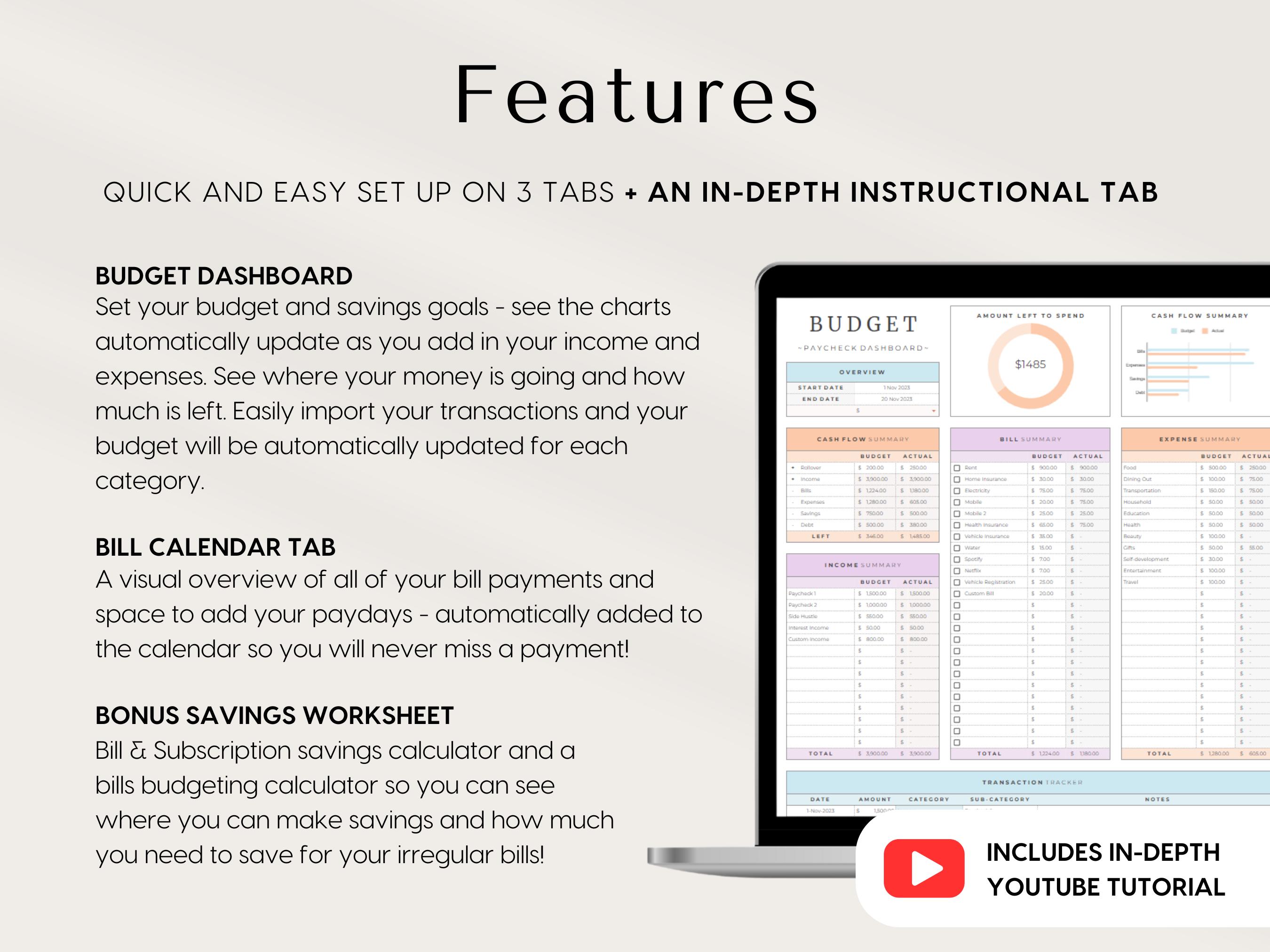 Excel Paycheck Budget Spreadsheet Google Sheets Bi-monthly Weekly ...