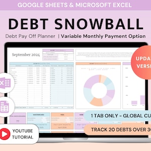 Hoja de cálculo de bola de nieve de deudas de Excel Planificador de pago de deudas Calculadora de bola de nieve de deudas Hojas de cálculo de Google Pago de hipoteca Seguimiento de pagos de préstamos estudiantiles