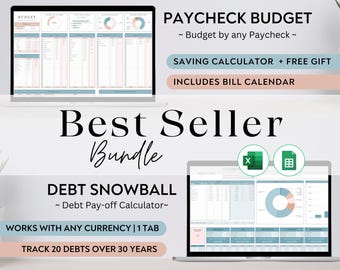 BUNDLE Paycheck Budget Debt Snowball Excel Monthly Budget Spreadsheet Google Sheets Budget Tracker Personal Finance Worksheet Debt Payoff