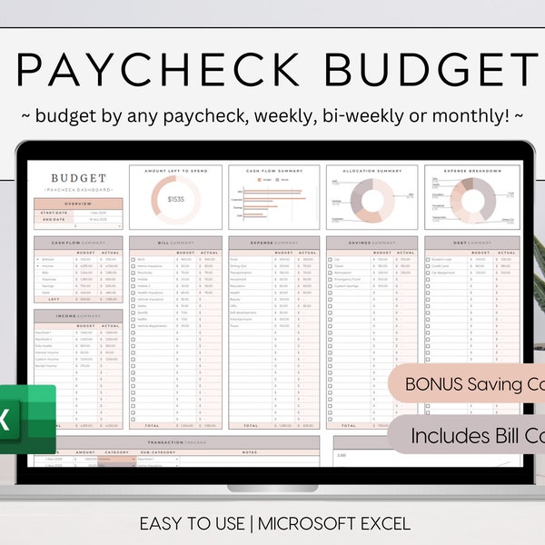 Paycheck Budget for Excel Budget By Paycheck Spreadsheet Bills Organizer Simple Monthly Bi-Weekly Bi-Monthly Weekly Finance Planner Template