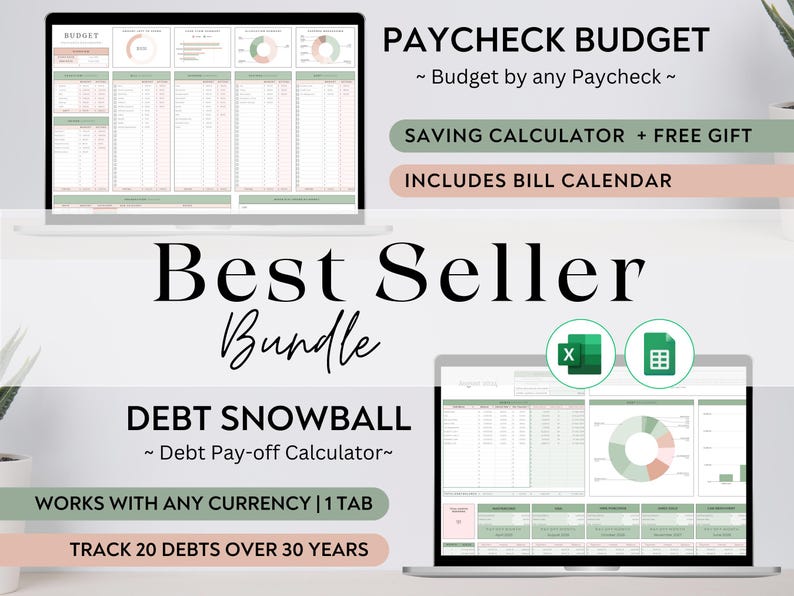 BUNDLE Paycheck Budget Debt Snowball Excel & Google Sheets Budget