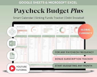 Ultimate Paycheck Budget Spreadsheet Excel Budget Planner Google Sheets Savings Tracker Debt Payoff Bi-weekly Weekly Monthly Bill Tracker