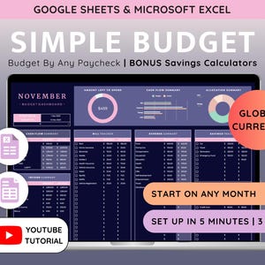 Simple Paycheck Budget Planner: Excel & Google Sheets Expense Tracker Personal Finance Worksheet (Digital Download) Monthly Weekly Bi-Weekly