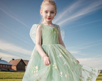 Gifts for Girl: Green White Floral Embroidered Flower Girl Proposal Dress, Easter & Spring Dress, Summer Floral Dress for Girls