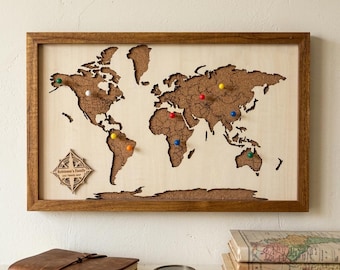 Custom Wooden World Map with Pins, 3D Layered Travel Pin Board, Framed Wood Wall Art with Stand, Personalized Gift for Traveler