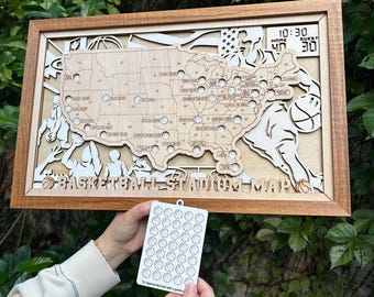 カスタムバスケットボールスタジアムマップ：3D木製トラベルトラッカー、バスケットボールファンへのギフト