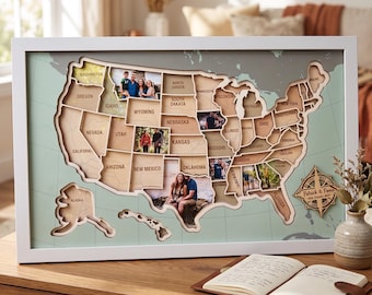 USA Photo Map Travel Gift for Couples, Personalized 50 States Picture Tracker, Custom Family Wood Sign, Wedding Anniversary New Home Gift