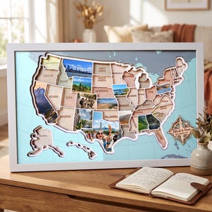 USA Photo Map Travel Gift for Couples, Personalized 50 States Picture Tracker, Custom Family Wood Sign, Wedding Anniversary New Home Gift