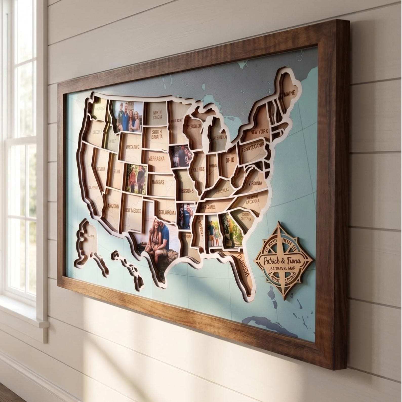 Personalized USA Photo Map, 50 States Travel Tracker Picture Frame, Custom Family Name Collage, RV Road Trip Map Art, Adventurer Gift