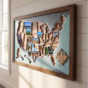 Mapa fotográfico personalizado de EE. UU., marco de fotos para rastrear viajes por los 50 estados, collage personalizado con el nombre de la familia, mapa artístico para viajes en autocaravana, regalo para aventureros