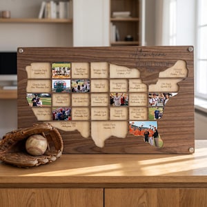 Mappa personalizzata degli stadi MLB, cornice portafoto in legno per stadio di baseball, regalo personalizzato per appassionati di baseball, decorazione murale per viaggi allo stadio, regalo per papà