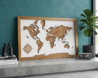 Custom Wooden World Map with Pins, 3D Layered Travel Pin Board, Framed Wood Wall Art with Stand, Personalized Gift for Traveler