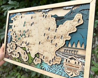 パーソナライズされた木製米国国立公園地図：3Dレイヤー旅行トラッカー