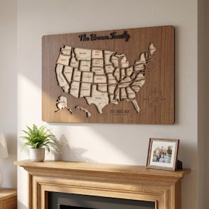 Personalized Wooden USA Travel Map | 5th Wood Anniversary Gift for Couples | 50 States Travel Tracker Adventure Map Sign