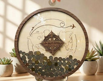 Organizzatore di monete da viaggio in legno personalizzato, salvadanaio con incisione personalizzata, decorazione con mappa del mondo
