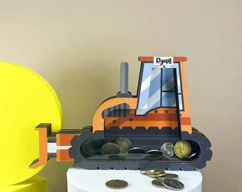 パーソナライズされたダンプトラック貯金箱：木製の貯金箱、カスタムキッズギフト