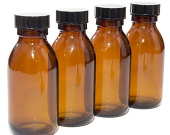 100ml Amber Glass Bottles with Black Lids - PACK of 4