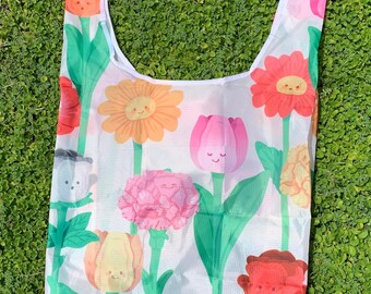 Flowers Reusable Foldable Bag - Flower Pattern Large Nylon Shopping Tote