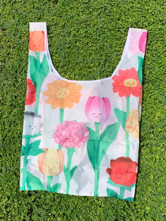 Flowers Reusable Foldable Bag - Flower Pattern Large Nylon Shopping Tote