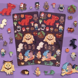 May include: A collection of fantasy-themed stickers and individual figurines. The stickers feature various creatures like dragons, unicorns, and griffins, along with other whimsical characters. The color palette includes shades of red, brown, and purple.