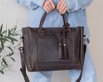 Leather tote bag with trolley sleeve, Womens travel totes, Personalized travel tote, Leather shoulder bag women, Handmade leather tote bag
