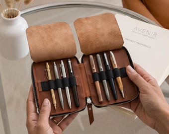 Personalized Leather Pen Case, Fountain Pen Organizer, Zipper Pencil Case, Pen Holder 10 Pens, Office Gift for Writer, Custom Teacher Gift