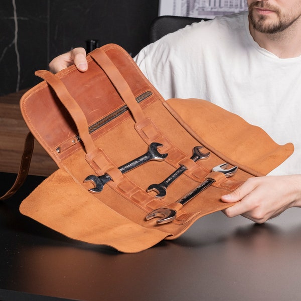 Personalisierte Leder-Werkzeugtasche, Werkzeug-Rollentasche, Leder-Werkzeug-Organizer, Leder-Werkzeugaufbewahrung, aufrollende Werkzeugtasche, Werkzeugkoffer, maßgefertigte Werkzeugtasche