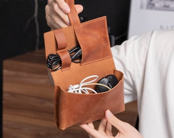 Personalized leather charger case, Leather cable organizer, Macbook charger case, Leather cord organizer, Travel charger case, Cable bag