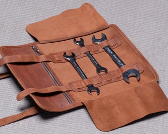 Leather tool organizer roll, Leather tool roll bag, Leather tool wrap, Wrench organizer, Personalized tool bag, Tool roll for bike